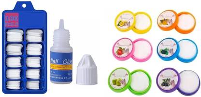 Lenon 6 Nail Polish Remover Tissue Pads Wet Wipes & Artificial Nails Set Of 100 Piece & Glue
