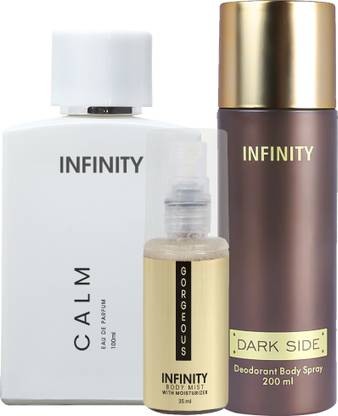 INFINITY Calm EDP Perfume 100ml, Dark Side Deo Body Spray 200ml, Gorgeous Body Mist 35ml