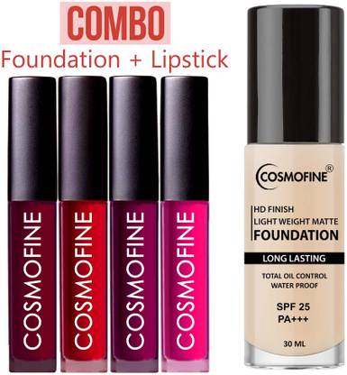 cosmofine Ultra HD Matte Finish Foundation Water Proof with SPF 25 (30 ML) + Lipstick Red Shade (4 Pack)