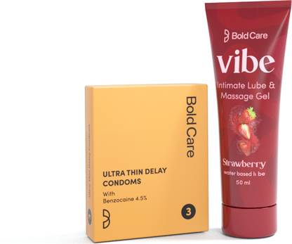 Bold Care Ultra Thin Climax Delay Condoms - 3 Sheets with Stawberry Flavored Lubricant-50ml