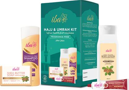 Iba Hajj & Umrah Kit Fragrance Free | Miswak Toothpaste, Soap, Lotion & Shampoo