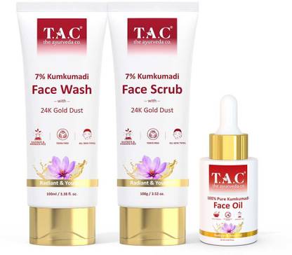 TAC - The Ayurveda Co. Kumkumadi Face Wash, Kumkumadi Face Scrub & Kumkumadi Face Oil (220ml) (Setof 3)