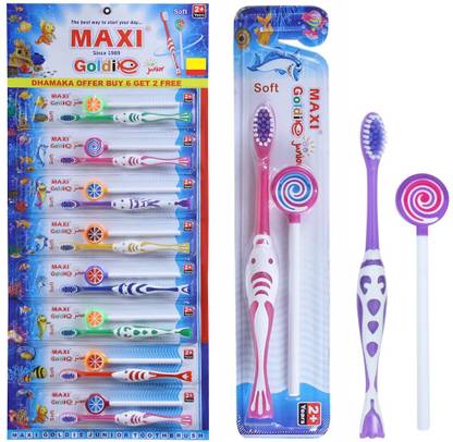 Maxi Goldie Junior Toothbrush and Tongue Cleaner-Oral Hygiene Kit (Buy 6 Get 2 Free)
