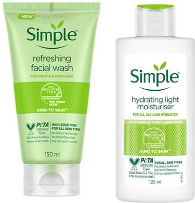 Simple Kind To Skin Refreshing Facial Wash 150 Ml & Hydrating Light Moisturiser| Face Cream for All Skin Types|125 ml