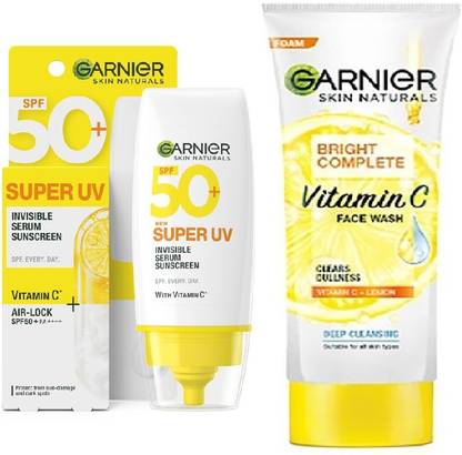 GARNIER SPF 50 PA++++ for UVA/B Invisible Serum Sunscreen for Broad Spectrum with No White Cast + Vitamin C Face Wash-100g