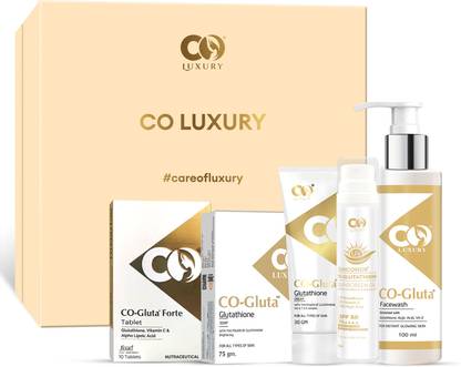 Co Luxury Skin Brightening Combo Kit | Glutathione Facewash,Glutathione Tablet,Glutathione Cream,Glutathione Soap & Glutathione Sunscreen|