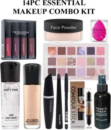 POMORA 14Pc Makeup Combo Kit With Primer Fixer Foundation Liquid Lipstick Eyeshadow Palette Mascara Eyeliner Contour Stick