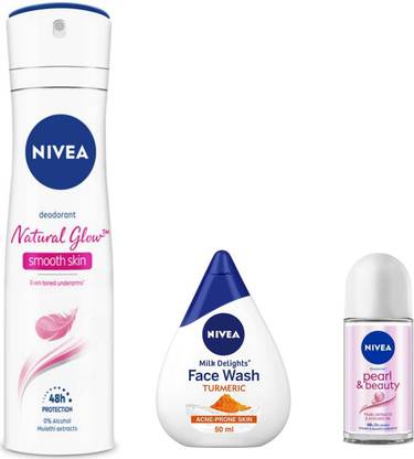 NIVEA Guru turmaric facewash 50 ml natural glow smooth skin deo 150 ml and pearl & beauty roll on 25 ml