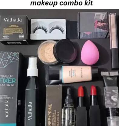 Valhalla face makeup kit serum, fixer, inflammable, foundation, concealer, eyelash, loose powder, puff, combo lipstick