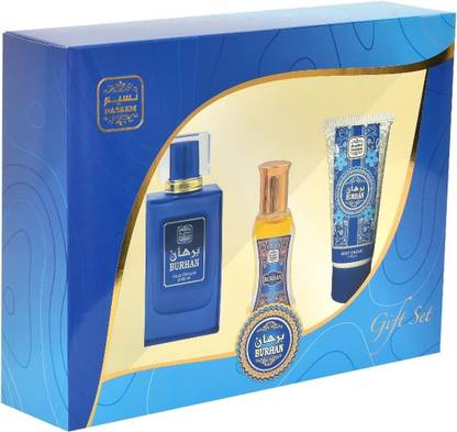 NASEEM Burhan Gift Set - Aqua Perfume 80 ml, Roll-On Perfume Oil 24 ml & Body Cream 50 g