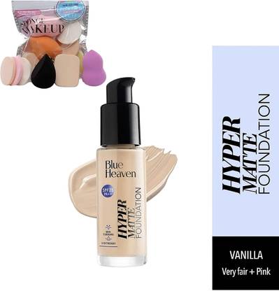 BLUE HEAVEN Hyper Matte Foundation VANILLA 30ml & 6pc Powder puff and foundation sponge Blender Combo Pack