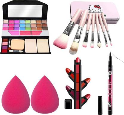 RVLIPS MAKEUP KIT HELLO KITY MAKEUP BRUSH SET PINK BLENDER PUFF EYELINER 5 IN1 LIPSTICK