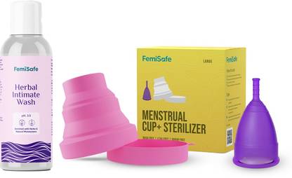FemiSafe MENSTRUAL CUP , STERILIZER ,HERBAL INTIMATE WASH COMBO (LARGE)