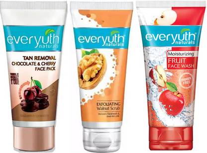 Everyuth Naturals Tan Removal Face Pack, Fruit Face Wash, Walnut Scrub (3X50g)