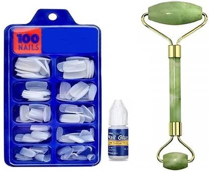 Lusty soul 100Pcs Fake Artifical Nails With Glue & Face Roler \ Face Massager