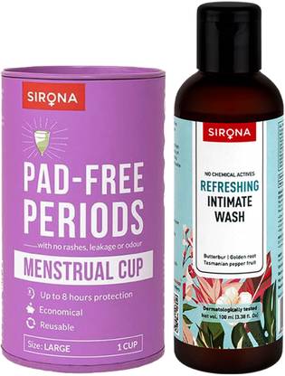 SIRONA Reusable Menstrual Cup, Large (1 Pcs) with Refreshing Intimate Wash (100 ml)