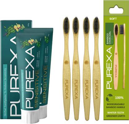 PUREXA Combo Pack of 2 Sensitive Toothpaste For Sensitivity Teeth With Goodness of Herbs & 4 Bamboo Toothbrush Extra Soft Tooth brush