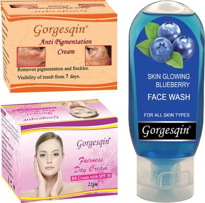GORGESQIN Anti Pigmentation Cream, Removes Freckles and Pigmentation from 7 days, Day Cream 22g & Skin Glowing Blueberry Face Wash 60 ml