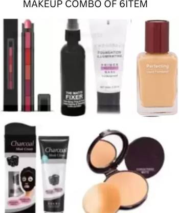 swenky MAKEUP COMBO OF FIXER PRIMER COMPACT FOUNDATION 5IN1 LIPSTICK & CHARCOAL MASK