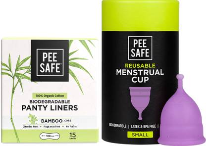 Pee Safe Menstrual Cup (Extra Small) & Biodegradable Panty Liners (15N) Combo