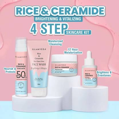 GLAMVEDA Korean Glass Skin Rice & Ceramide 4 Step Daily Skincare Routine For Women| 4 Items with Premium Gift Box