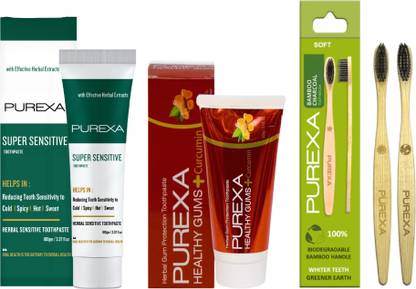 PUREXA Oral Care Combo – Sensitive & Gum Health Toothpaste + 2 Bamboo Charcoal Toothbrushes