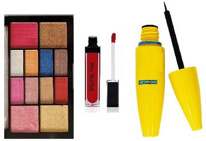 Butees18 12 Color Eyeshadow, Matte me Lipstick (Red) With Eyeliner Black