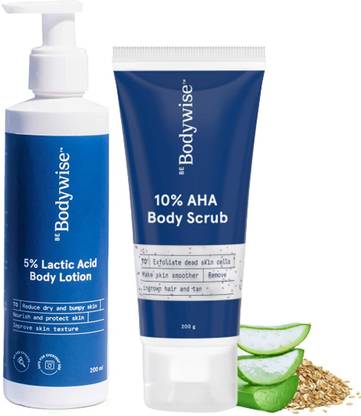 Be Bodywise 10% AHA Body Scrub + 5% Lactic Acid Lotion | Aloe Vera| Exfoliates, Reduces Tan