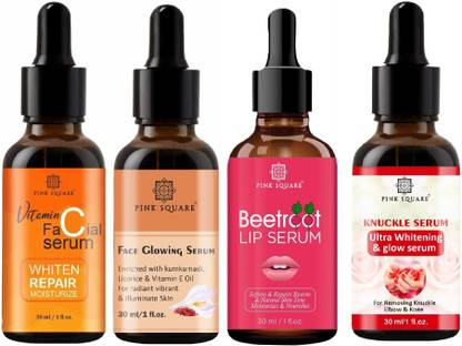Pink Square Vit-C Serum, Face Glowing Serum, Beetroot Lip Serum & Knuckle Serum (Each,30ml)