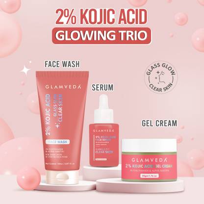GLAMVEDA 2% Kojic Acid 3-Step Skincare Routine for Pigmentation,Dark Spots & Glowing Skin