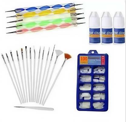 mkldsrh reusable fake nails with nail glue & 4Pc Double Side Dotting Pen, 15Pcs Nail Art Brush Decoration Tool (Multicolour)