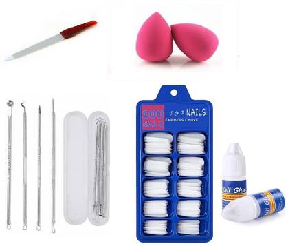 Zailie 2 puff with Tips Fake Nails With 2 Glue Bottle and blackhead needle Kit 4 different Pins and nail filer