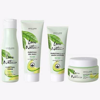 Oriflame LOVE NATURE Purifying Gel Wash with Organic Tea Tree & Lime 125 ml , Toner 150 ml , 2-in-1 Mask & Scrub 75 ml, Face Lotion 50 ml