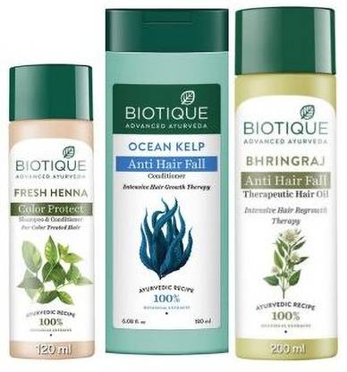 BIOTIQUE FRESH HENNA SHAMPOO 120 ML, OCEANKELP CONDITIONER 180 ML, BHRINGRAJ HAIROIL 200 ML