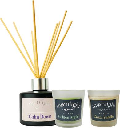 Moonlight Essence Sweet Vanilla, Golden Apple, and Calm Down, pack of 2 candles and red diffuser, Specially for Diwali.