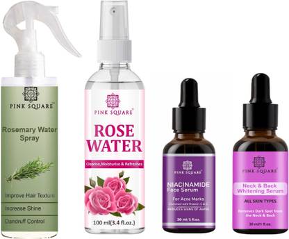 Pink Square Rosemary Spray100ml, AloeveraGel130ml, FaceGlowing Serum30ml & NeckBack Serum30ml