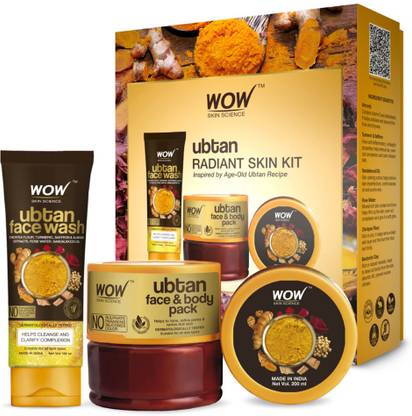 WOW SKIN SCIENCE Bright & Glow Kit – (Ubtan Face wash tube+ Ubtan Face & Body Pack + Ubtan Face & Body scrub ) – 500mL  (3 Items in the set)