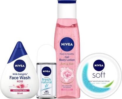 NIVEA Rose gel lotion 75ml Soft Cream50ml Fresh Natural 25ml Roll on & Rose 50ml Fw Set of 4