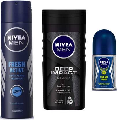 NIVEA Fresh Active 150ml deo Deep impact 250ml Sg and Fresh Power roll on 50ml Set of 3
