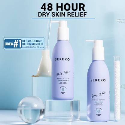 SEREKO 48H Dry Skin Relief Body Wash & Body Lotion Combo with Urea | Strawberry Legs & Dry Skin for Women & Men