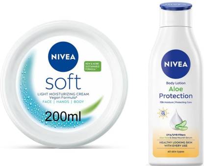 NIVEA Aloe Protection Lotion 200ml & Soft Light Moisturizer Cream 200ml (Pack of 2)