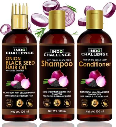 INDO CHALLENGE Red Onion Hair Oil Shampoo conditinoer Anti Hair Loss Oil With Black Seed -combo