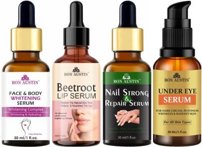 Bon Austin Face-Body Whitening Serum, Beetroot Lip Serum, Nail Strong Serum & Under Eye Serum (Each,30ml) Combo Pack