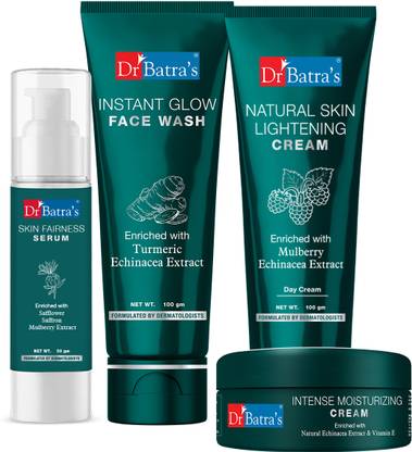 Dr Batra's Skin Fairness Serum - 50 G, Face Wash Instant Glow - 100 gm,Natural Skin Lightening Cream - 100 gm and Intense Moisturizing Cream -100 G (Pack of 4)