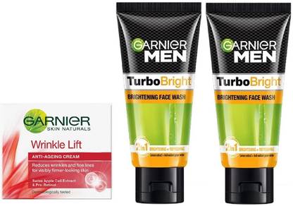 GARNIER Men Turbo Bright Brightning 2 PCS Face Wash 50g + Anti Ageing Wrinkle Cream 18g