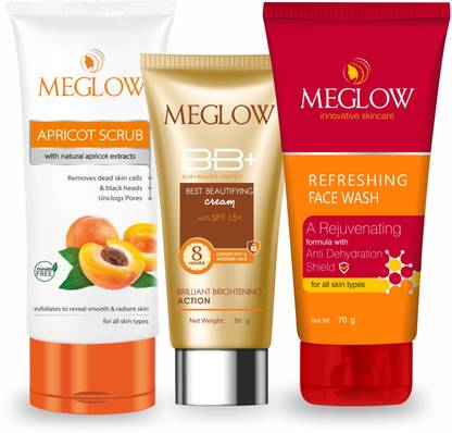 meglow BB+ Cream With SPF 15+ (1x30g) + Refreshing Face Wash (1x70g) + Apricot Scrub (1x70g)