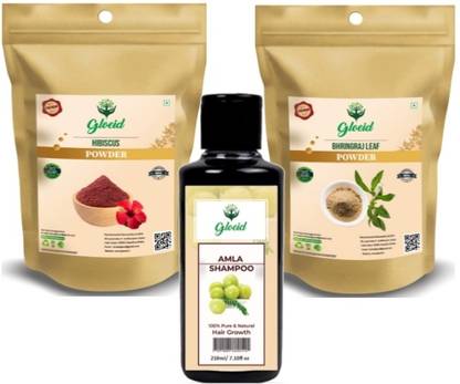 GLOEID 100% Hibiscus Powder(50 gram), Bhringraj Powder(50 gram) and Amla Shampoo(210ml) for Hair Treatment