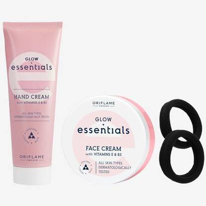 Oriflame Glow Essentials Hand Cream with Vitamins E & B3 75 ml , Face Cream with Vitamins E & B3 75 ml with Black Rubber Bands 2 piece