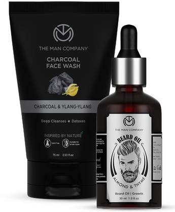 THE MAN COMPANY Face & Beard Maintenance Duo | Charcoal Facewash - 75 ml & Almond Thyme Beard Oil - 30 ml | Faster Beard Growth | Deep Cleansing