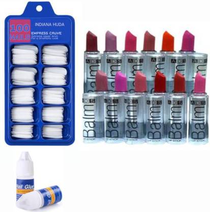 INDIANA HUDA 100 Pcs Reusable Acrylic False Nails With Nail Glue